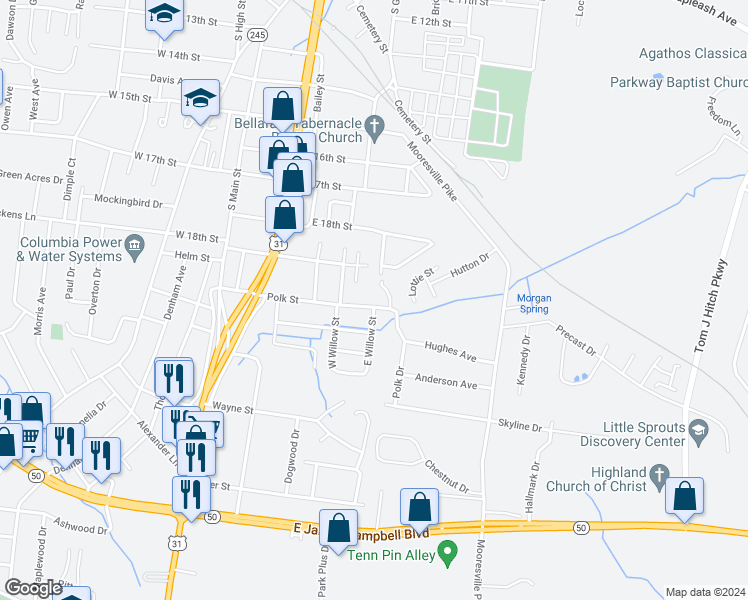 map of restaurants, bars, coffee shops, grocery stores, and more near 309 Polk Street in Columbia