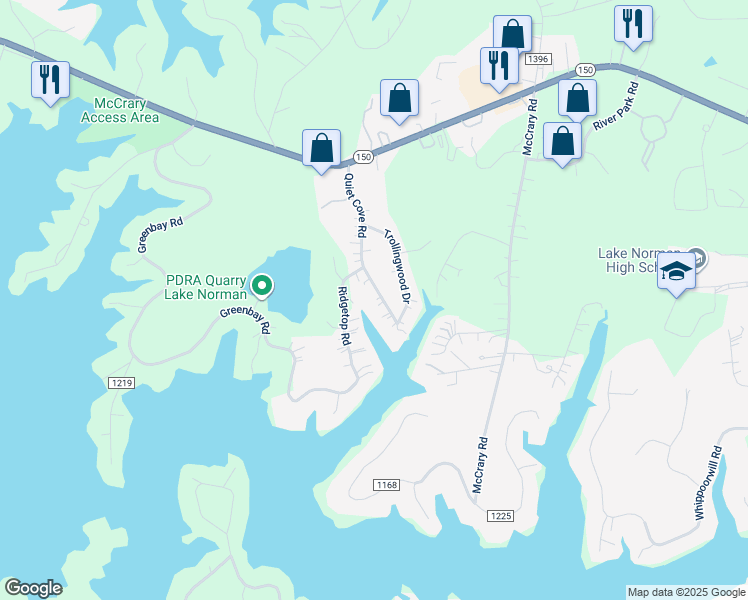 map of restaurants, bars, coffee shops, grocery stores, and more near 184 Quiet Cove Road in Mooresville
