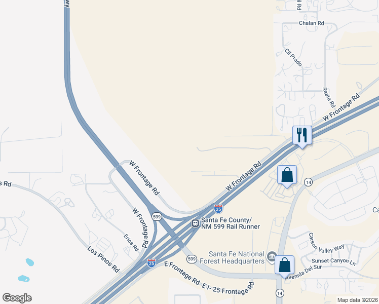 map of restaurants, bars, coffee shops, grocery stores, and more near 27633 Bc I-25 W Frontage Road in Santa Fe