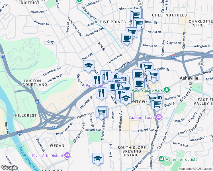 map of restaurants, bars, coffee shops, grocery stores, and more near 157 Haywood Street in Asheville