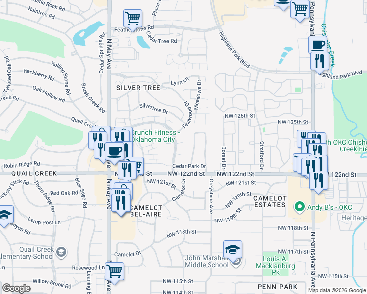 map of restaurants, bars, coffee shops, grocery stores, and more near 12501 High Meadow Drive in Oklahoma City