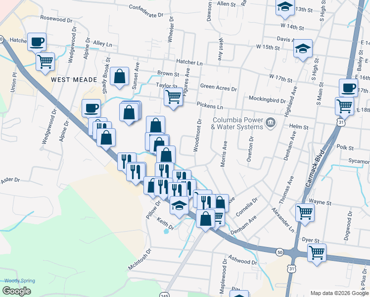 map of restaurants, bars, coffee shops, grocery stores, and more near 111 Brookview Circle in Columbia