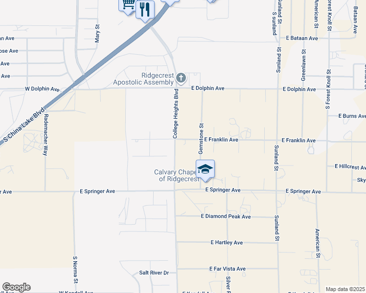 map of restaurants, bars, coffee shops, grocery stores, and more near 125 West Franklin Avenue in Ridgecrest