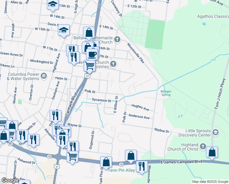 map of restaurants, bars, coffee shops, grocery stores, and more near 305 Polk Street in Columbia