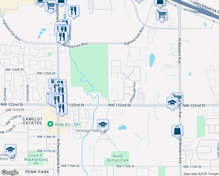 map of restaurants, bars, coffee shops, grocery stores, and more near 12417 Edison Drive in Oklahoma City