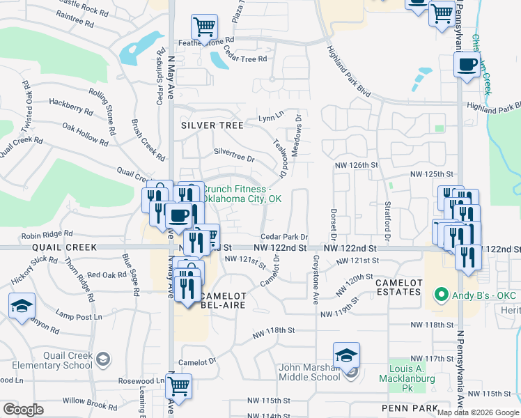 map of restaurants, bars, coffee shops, grocery stores, and more near 12401 Indian Creek Boulevard in Oklahoma City