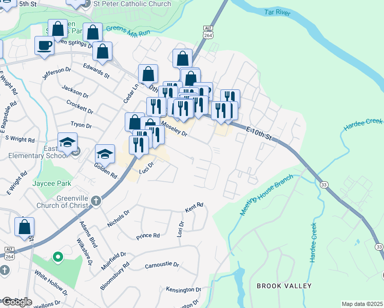 map of restaurants, bars, coffee shops, grocery stores, and more near 113 Cherry Court in Greenville