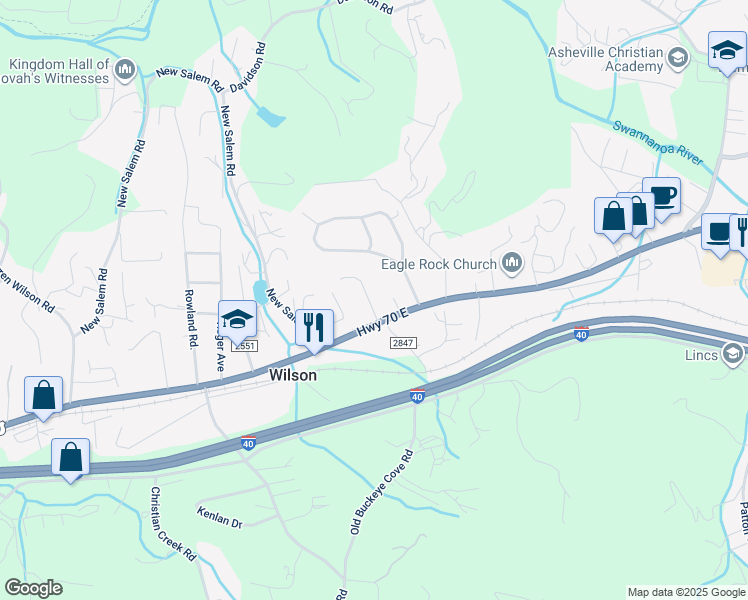 map of restaurants, bars, coffee shops, grocery stores, and more near 43 Walters Road in Swannanoa