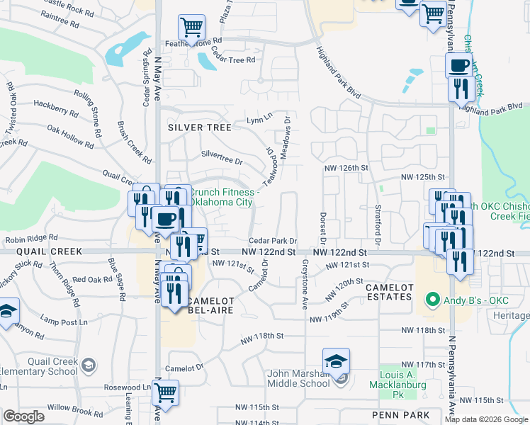 map of restaurants, bars, coffee shops, grocery stores, and more near 12501 High Meadow Drive in Oklahoma City