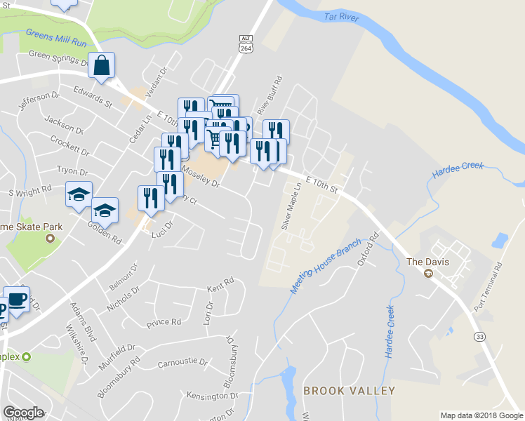 map of restaurants, bars, coffee shops, grocery stores, and more near 3201 Moseley Drive in Greenville