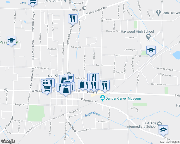 map of restaurants, bars, coffee shops, grocery stores, and more near Oakhaven Street in Brownsville