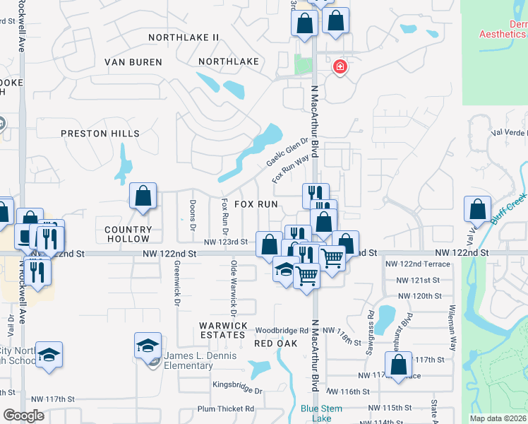 map of restaurants, bars, coffee shops, grocery stores, and more near 12505 Abbotts Way in Oklahoma City