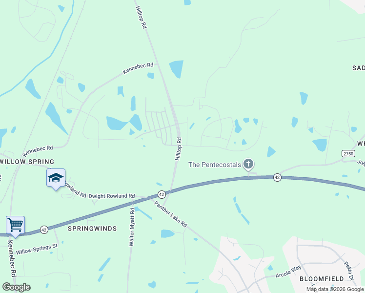 map of restaurants, bars, coffee shops, grocery stores, and more near 6493-6517 Hilltop Road in Wake County