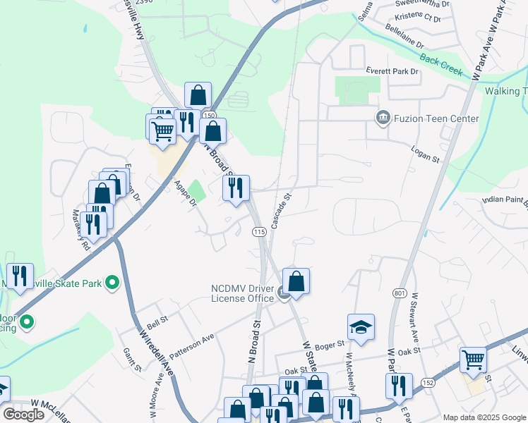map of restaurants, bars, coffee shops, grocery stores, and more near 615 Turner Street in Mooresville
