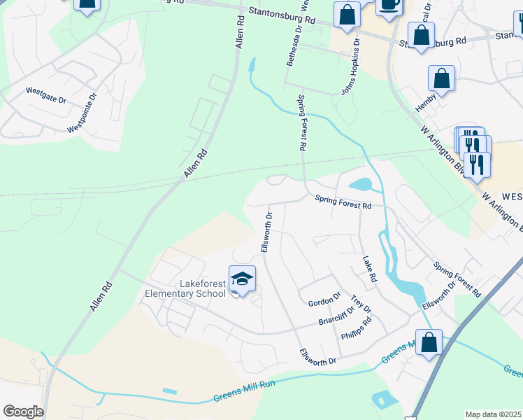 map of restaurants, bars, coffee shops, grocery stores, and more near 3501 Ellsworth Drive in Greenville