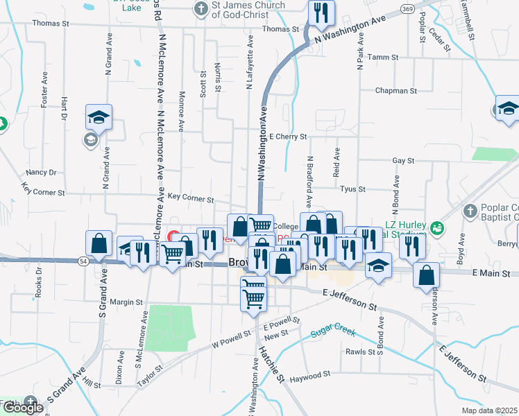 map of restaurants, bars, coffee shops, grocery stores, and more near 214 North Washington Avenue in Brownsville