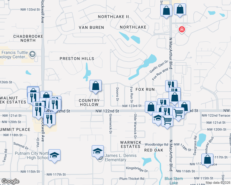 map of restaurants, bars, coffee shops, grocery stores, and more near 12500 Northwest 123rd Street in Oklahoma City