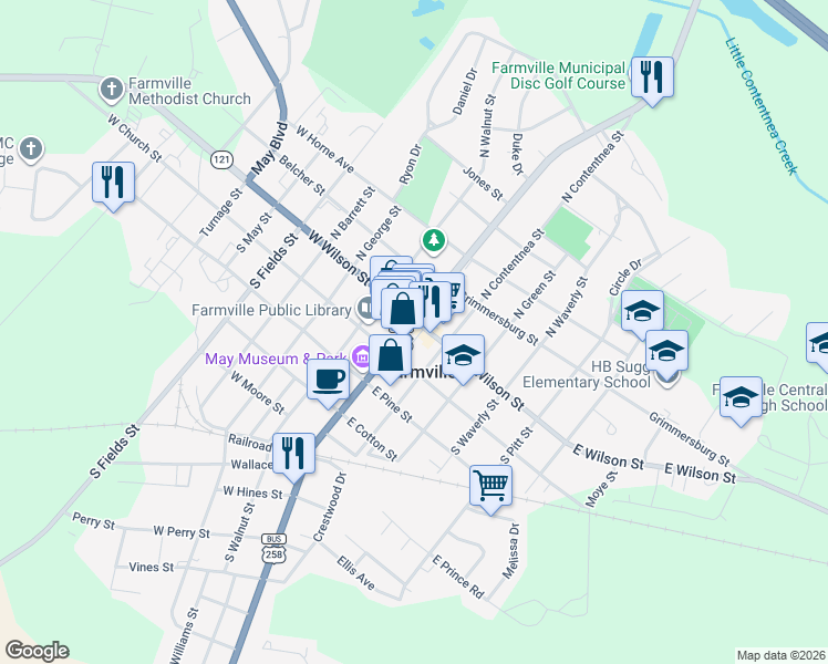 map of restaurants, bars, coffee shops, grocery stores, and more near 3725-3749 Highway 121 in Farmville