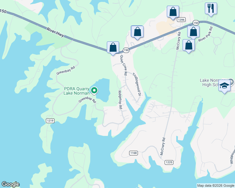 map of restaurants, bars, coffee shops, grocery stores, and more near 122 Ridgetop Road in Mooresville