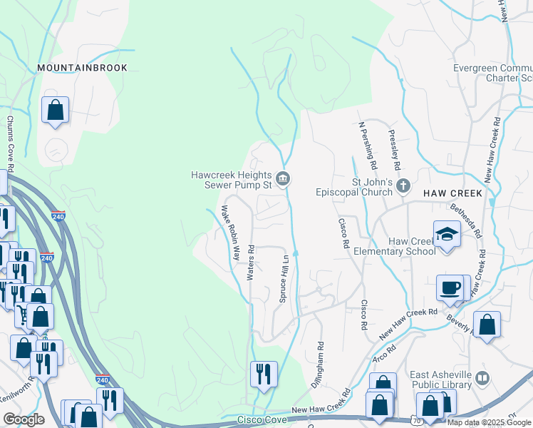 map of restaurants, bars, coffee shops, grocery stores, and more near 8 Trafalgar Circle in Asheville