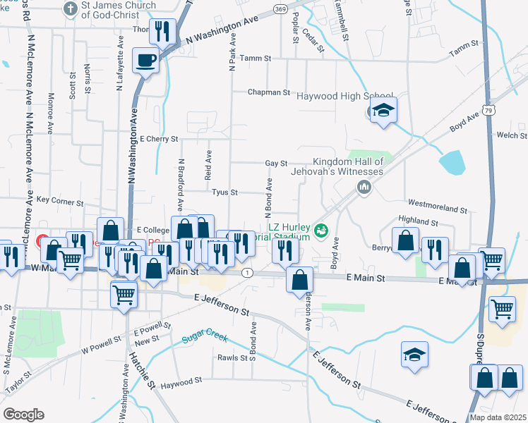 map of restaurants, bars, coffee shops, grocery stores, and more near 303 North Bond Avenue in Brownsville
