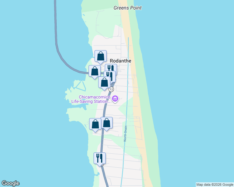 map of restaurants, bars, coffee shops, grocery stores, and more near 23207 Laura Lane in Nags Head