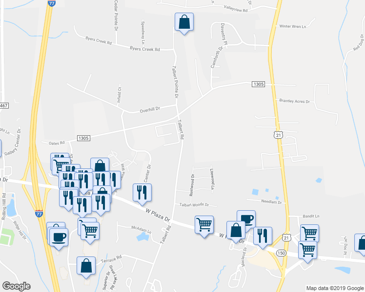 map of restaurants, bars, coffee shops, grocery stores, and more near 139 Talbert Road in Mooresville
