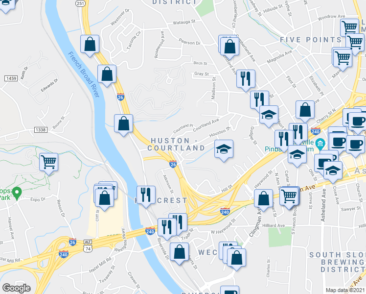 map of restaurants, bars, coffee shops, grocery stores, and more near 136 Houston Street in Asheville