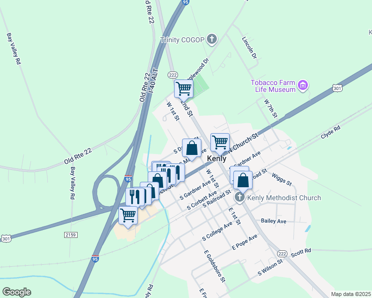 map of restaurants, bars, coffee shops, grocery stores, and more near 204 South Darden Street in Kenly
