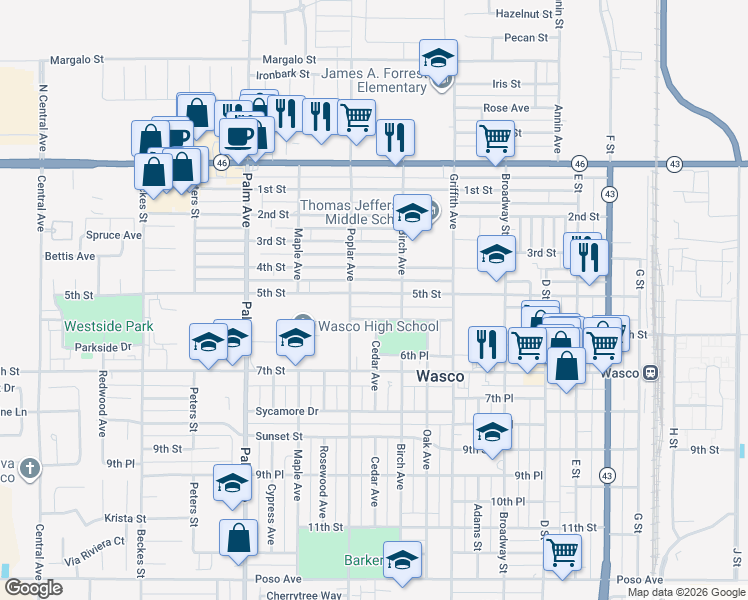 map of restaurants, bars, coffee shops, grocery stores, and more near 1601 5th Street in Wasco