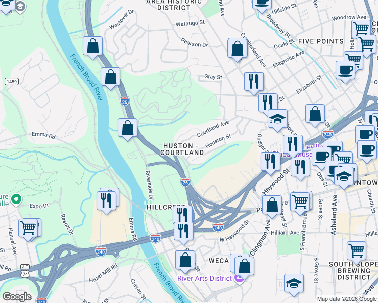 map of restaurants, bars, coffee shops, grocery stores, and more near 136 Houston Street in Asheville