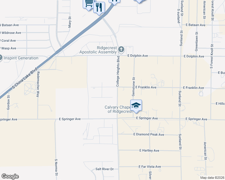 map of restaurants, bars, coffee shops, grocery stores, and more near 101 West Franklin Avenue in Ridgecrest