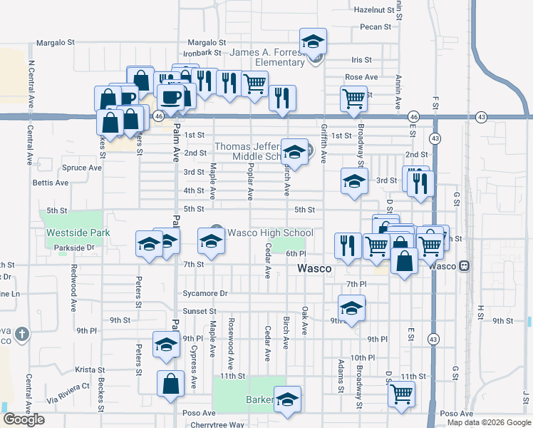 map of restaurants, bars, coffee shops, grocery stores, and more near 1601 5th Street in Wasco