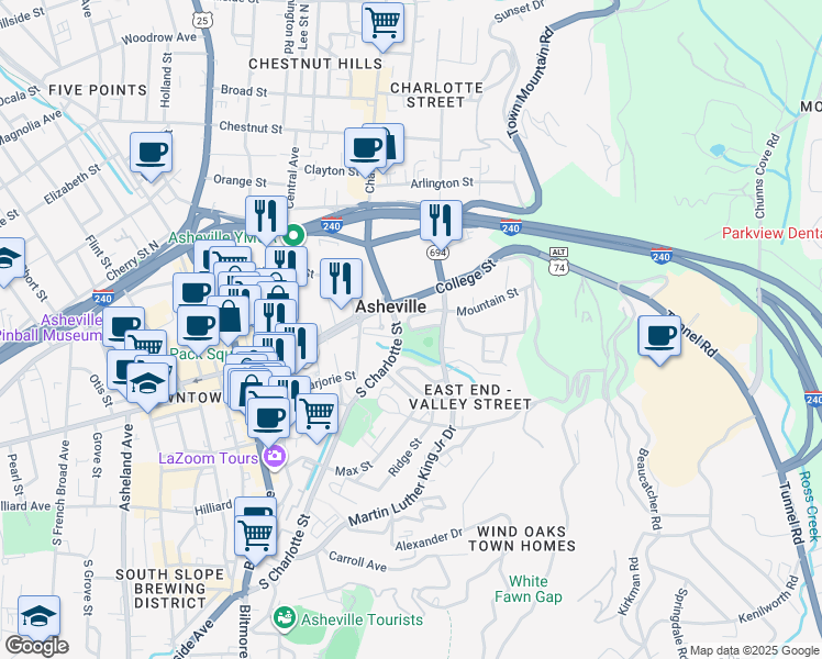 map of restaurants, bars, coffee shops, grocery stores, and more near 8 Mountain Street in Asheville