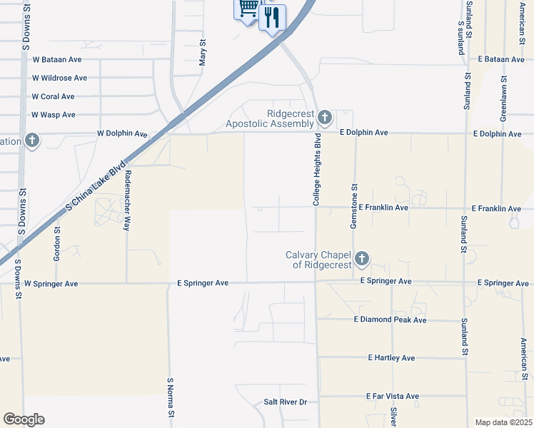 map of restaurants, bars, coffee shops, grocery stores, and more near 125 West Franklin Avenue in Ridgecrest