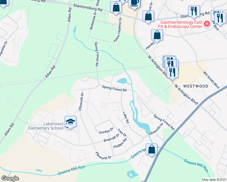 map of restaurants, bars, coffee shops, grocery stores, and more near 600 Spring Forest Road in Greenville