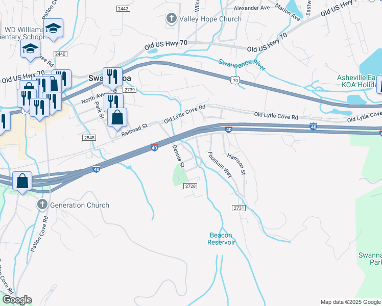 map of restaurants, bars, coffee shops, grocery stores, and more near 144 Central Avenue in Swannanoa