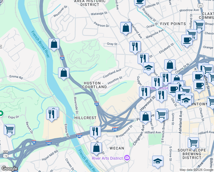 map of restaurants, bars, coffee shops, grocery stores, and more near 181 Houston Place in Asheville