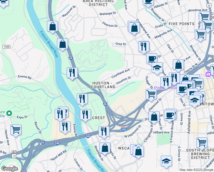 map of restaurants, bars, coffee shops, grocery stores, and more near 136 Houston Street in Asheville