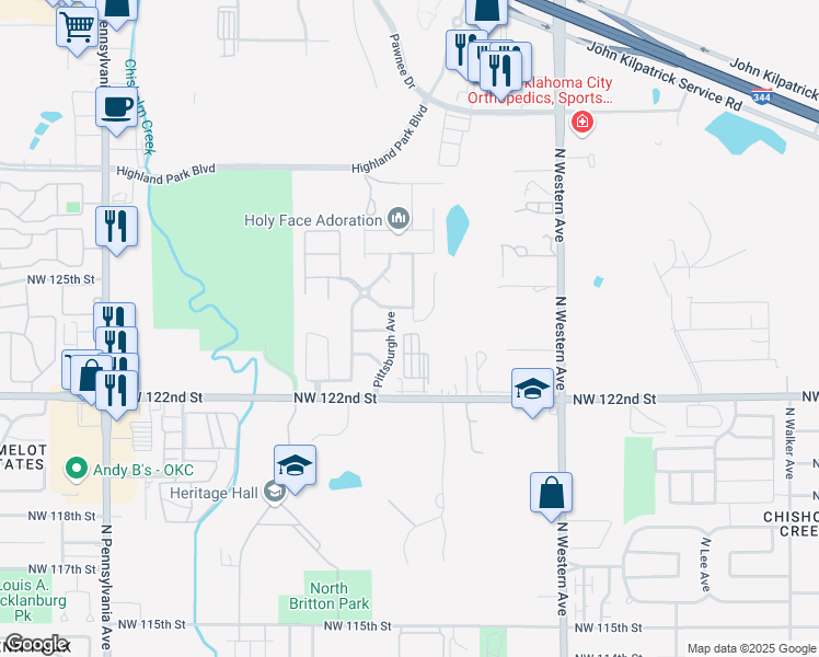 map of restaurants, bars, coffee shops, grocery stores, and more near 12501 William Penn Boulevard in Oklahoma City