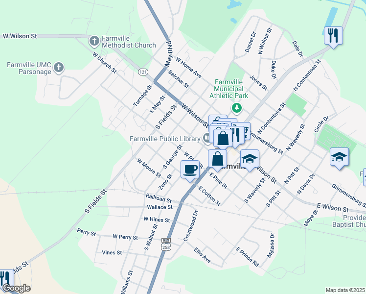 map of restaurants, bars, coffee shops, grocery stores, and more near 4294 West Pine Street in Farmville