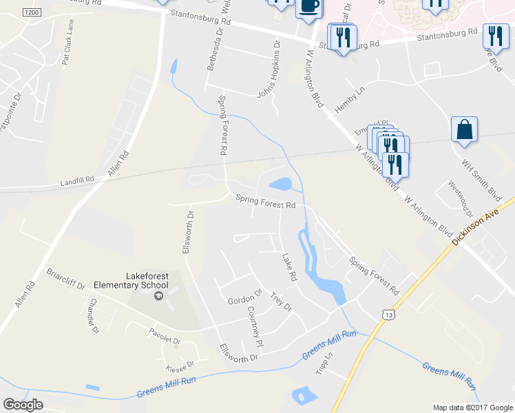 map of restaurants, bars, coffee shops, grocery stores, and more near 600 Spring Forest Road in Greenville