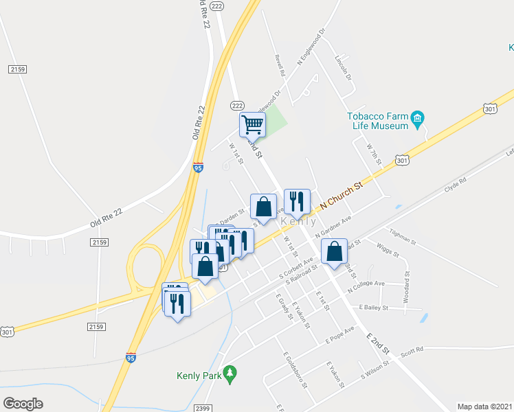 map of restaurants, bars, coffee shops, grocery stores, and more near 204 South Darden Street in Kenly
