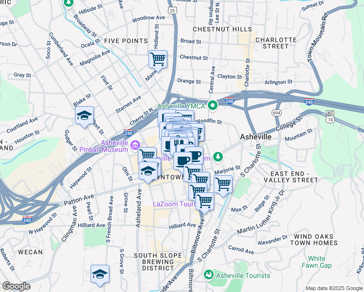 map of restaurants, bars, coffee shops, grocery stores, and more near 16 West Walnut Street in Asheville