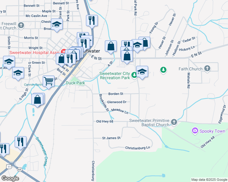 map of restaurants, bars, coffee shops, grocery stores, and more near 223 Borden Street in Sweetwater