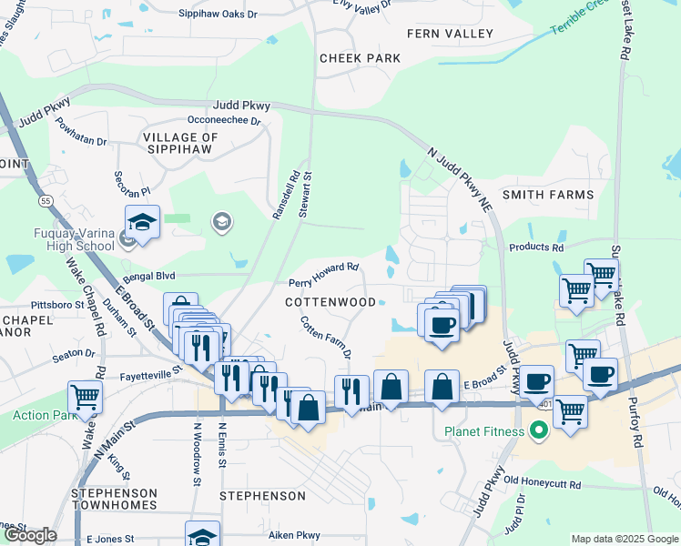 map of restaurants, bars, coffee shops, grocery stores, and more near 708 Perry Howard Road in Fuquay Varina