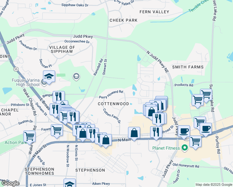 map of restaurants, bars, coffee shops, grocery stores, and more near 708 Perry Howard Road in Fuquay Varina
