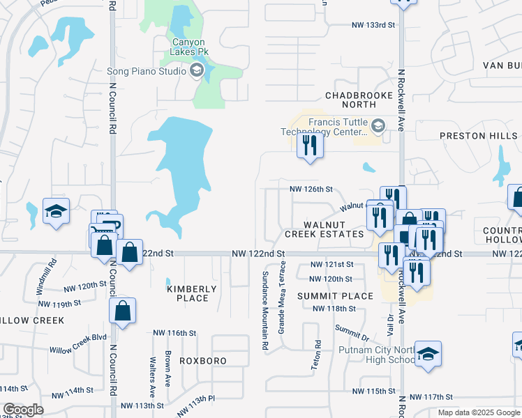 map of restaurants, bars, coffee shops, grocery stores, and more near 12517 Whispering Hollow Drive in Oklahoma City