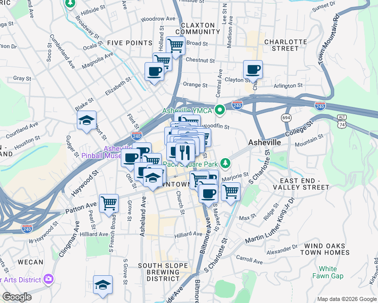 map of restaurants, bars, coffee shops, grocery stores, and more near 45 Broadway Street in Asheville