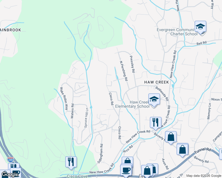 map of restaurants, bars, coffee shops, grocery stores, and more near 72 Cisco Road in Asheville